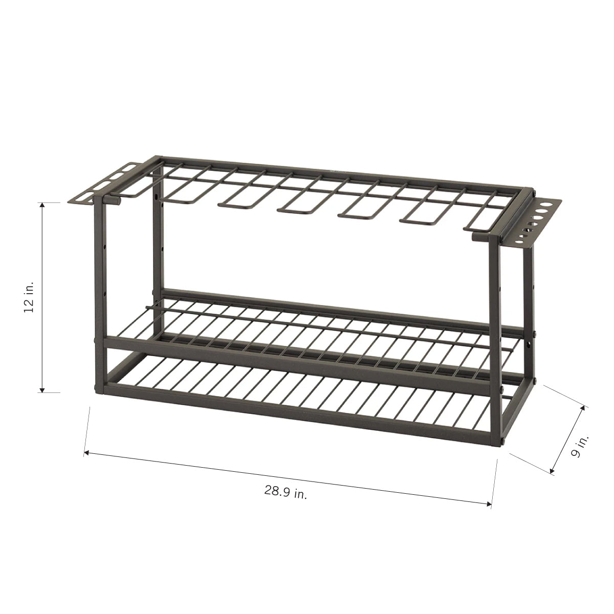 A black, two-tiered metal organizer measures 28.9 inches wide, 12 inches high, and 9 inches deep. The top rack has eight slots for hanging tools, and the bottom shelf is a wire grid.