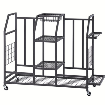 An empty black metal rolling storage rack is displayed against a plain white background, featuring a variety of multi-level shelves and vertical partitions. The design includes a mesh bottom, a small top basket, and specialized side slots supported by four lockable caster wheels.