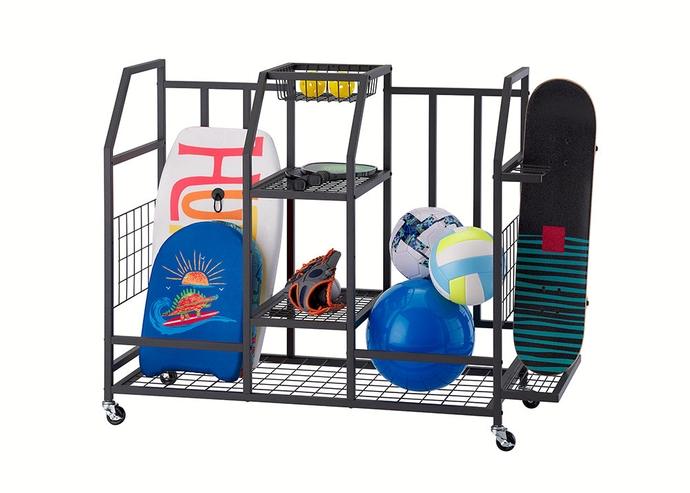 A black metal rolling sports equipment cart holds a skateboard, several balls, a baseball glove, two bodyboards, and other sports items, demonstrating its storage capacity against a plain white background. The cart is organized with various sections, shelves, and a mesh bottom.