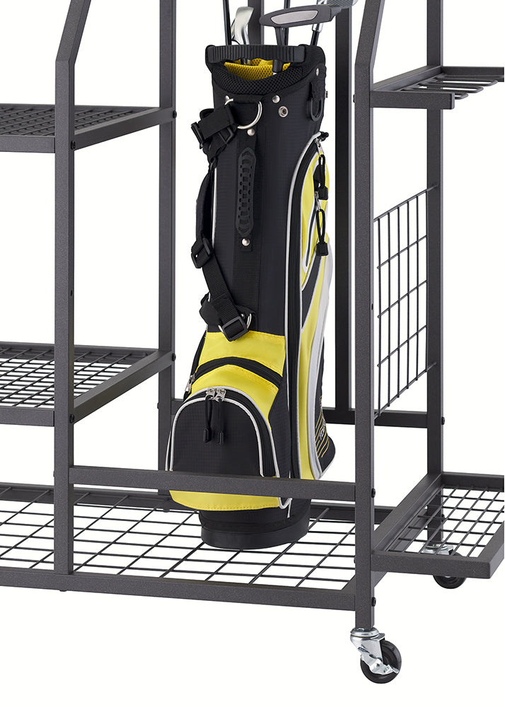 A black and yellow golf stand bag with visible clubs sits on the wire mesh bottom shelf of a black metal rolling rack. The rack includes side partitions and caster wheels for mobility, shown against a white background.