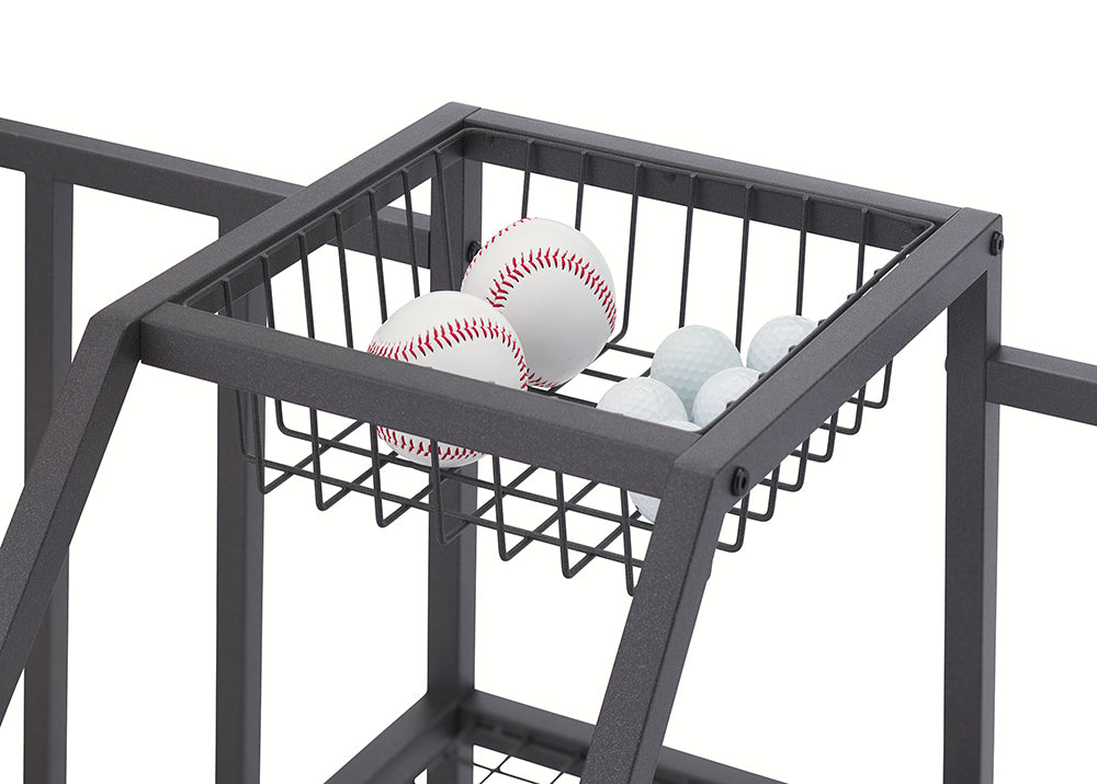 A close-up view shows a black wire basket integrated into the top of a metal storage rack, holding two baseballs and several golf balls. The basket is part of a sturdy, industrial-style frame designed for organizing sports equipment.