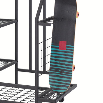 A complete skateboard is stored upright in a dedicated holder on a black metal rolling rack. The rack includes additional mesh shelves and partitions, shown against a plain white background.