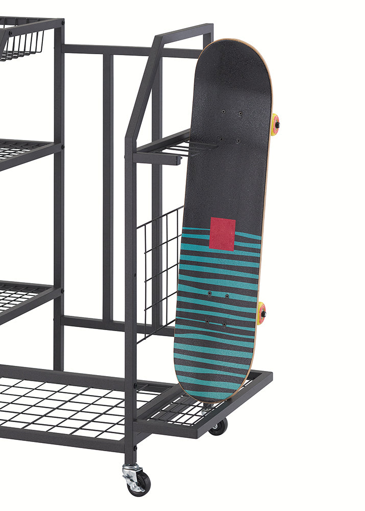 A complete skateboard is stored upright in a dedicated holder on a black metal rolling rack. The rack includes additional mesh shelves and partitions, shown against a plain white background.