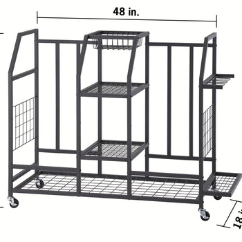 An angled front view of a black metal rolling golf bag and accessory organizer is shown on a white background. Overlay text with measurement lines indicates the cart is 48 inches long, 39 inches high, and 18 inches deep.