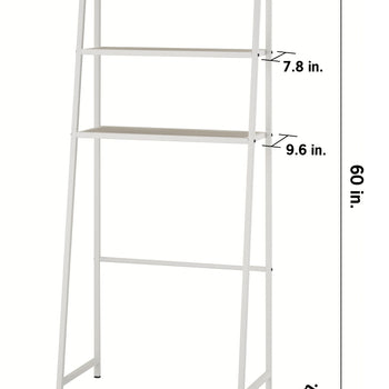 The white metal over-the-toilet space saver features three shelves with depths of 6.1 inches, 7.8 inches, and 9.6 inches from top to bottom. These varying tiers provide staggered storage space within a unit that stands 60 inches tall and 27 inches wide.