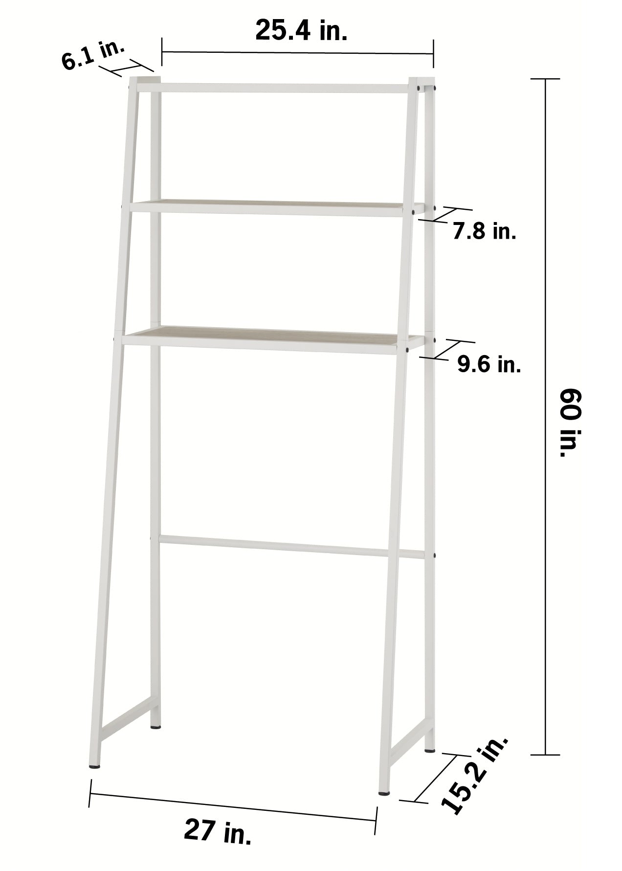 The white metal over-the-toilet space saver features three shelves with depths of 6.1 inches, 7.8 inches, and 9.6 inches from top to bottom. These varying tiers provide staggered storage space within a unit that stands 60 inches tall and 27 inches wide.