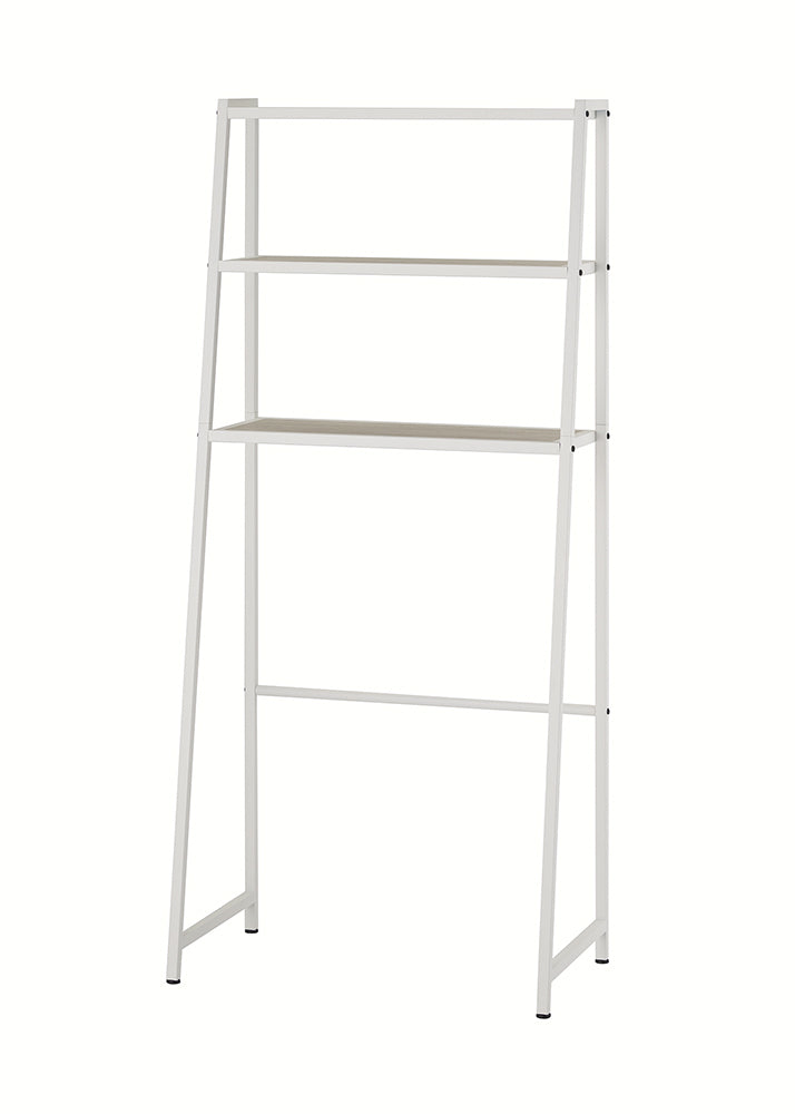 A simple, free-standing white metal A-frame over-the-toilet étagère is depicted against a white background. It features a white metal frame with two light wood-toned shelves and is shown without any decorative items.