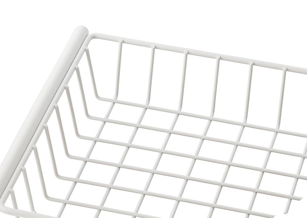 A close-up shot of a white wire basket shows its grid pattern and the smooth, rounded edges of the top frame. The basket appears to be made of metal with a clean, light-colored finish.
