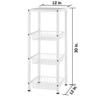 A white, four-tiered metal storage cart with pull-out baskets is shown against a white background. The cart is 30 inches tall and 12 inches wide and deep, as indicated by black dimension lines and text.