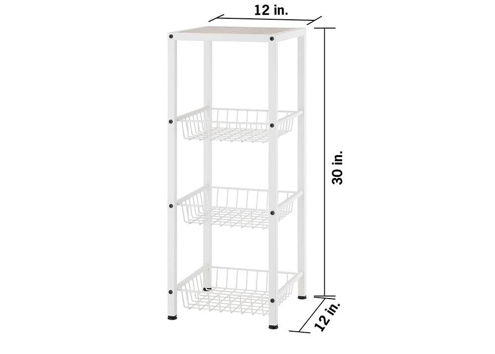 A white, four-tiered metal storage cart with pull-out baskets is shown against a white background. The cart is 30 inches tall and 12 inches wide and deep, as indicated by black dimension lines and text.