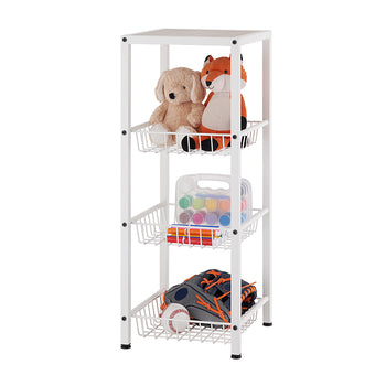 A white, four-tier metal storage cart with mesh baskets holds various items. The top basket contains two plush toys, the middle holds art supplies, and the bottom has a baseball glove and baseball.