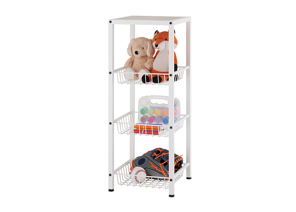 A white, four-tier metal storage cart with mesh baskets holds various items. The top basket contains two plush toys, the middle holds art supplies, and the bottom has a baseball glove and baseball.