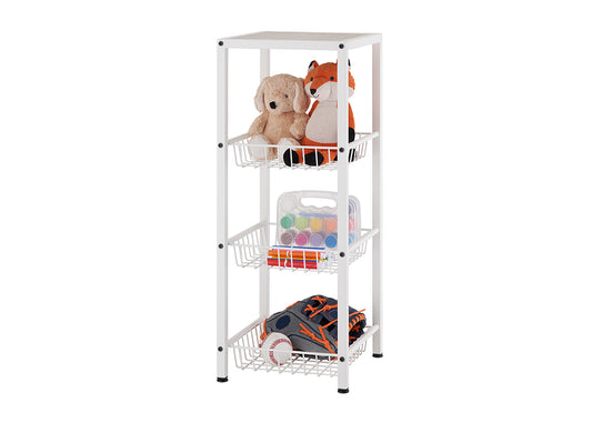 A white, four-tier metal storage cart with mesh baskets holds various items. The top basket contains two plush toys, the middle holds art supplies, and the bottom has a baseball glove and baseball.