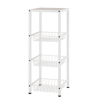 A white, four-tiered metal storage rack holds three white wire baskets, one on each shelf. The top surface of the rack appears to be a light-colored wood or laminate.