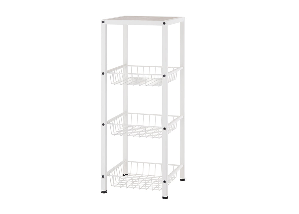 A white, four-tiered metal storage rack holds three white wire baskets, one on each shelf. The top surface of the rack appears to be a light-colored wood or laminate.