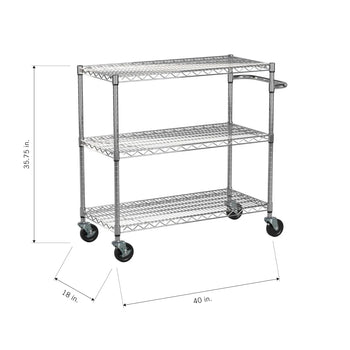 A three-tier chrome wire shelving cart with four black casters. The cart has a handle and is labeled with dimensions: 35.75 inches tall, 40 inches long, and 18 inches deep.