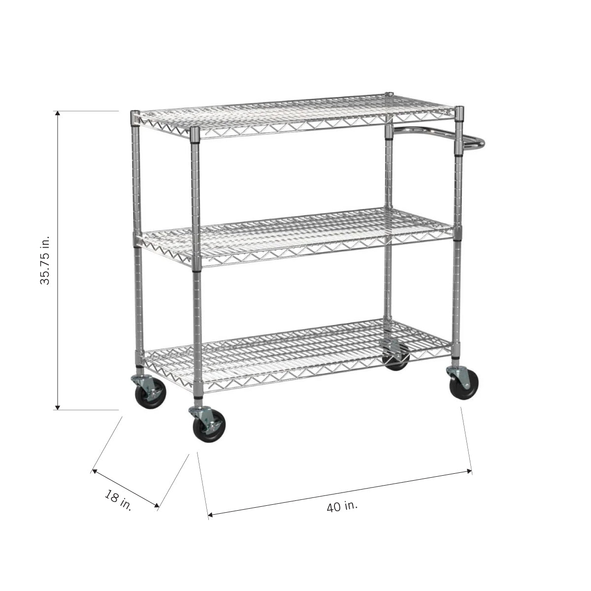 A three-tier chrome wire shelving cart with four black casters. The cart has a handle and is labeled with dimensions: 35.75 inches tall, 40 inches long, and 18 inches deep.