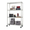 A four-tier chrome wire shelving unit on wheels is shown against a white background. Various household and office items are placed on the shelves, demonstrating its storage capabilities.
