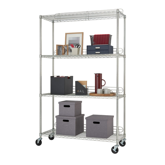 A four-tier chrome wire shelving unit on wheels is shown against a white background. Various household and office items are placed on the shelves, demonstrating its storage capabilities.