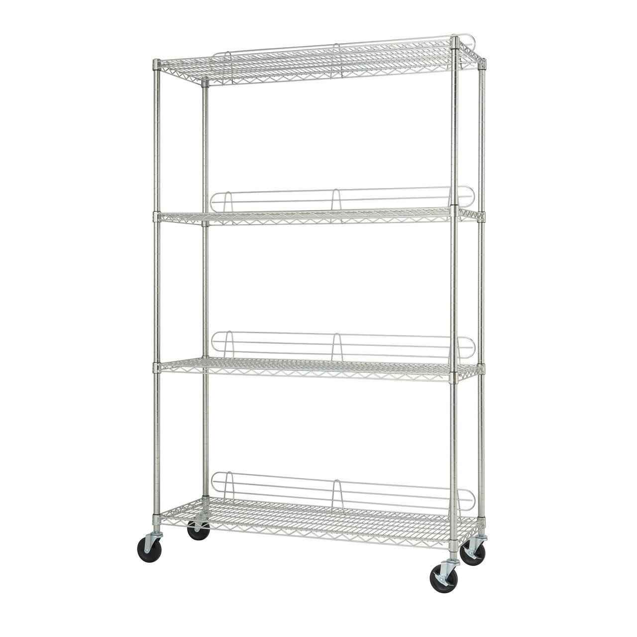 A four-tier chrome wire shelving unit with wheels is shown from a slightly angled front view. The shelves have a mesh design, and the top three shelves each feature a low, curved rail along the front edge.