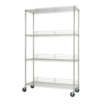 A tall, chrome-colored wire shelf unit with four tiers and wheels is shown against a white background. The shelving unit appears to be empty and ready for storage.