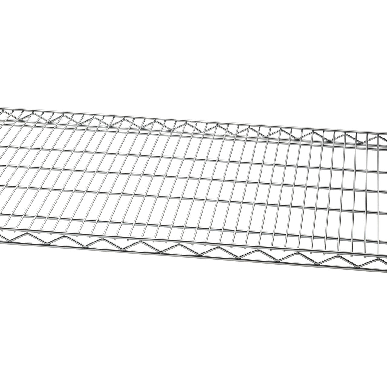 A close-up view 48 inches wide by 18 inches deep wire shelf of a shelving unit. The wires are arranged in a grid pattern with diagonal supports underneath for reinforcement.