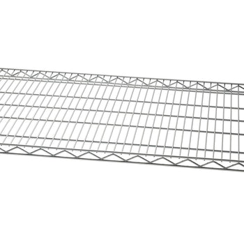 A close-up shows a 48 inches wide by 18 inches deep chrome wire shelving rack against a white background. The grid pattern of the shelf is visible, highlighting its open design.