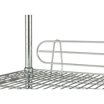 A close-up shows a section of a chrome wire shelf with a raised ledge along the back. A vertical chrome pole supports the shelving unit.