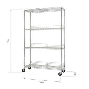 A wire shelving unit on wheels with four shelves. The unit has a total height of 77 inches, a width of 48 inches, and a depth of 18 inches, with all dimensions labeled.
