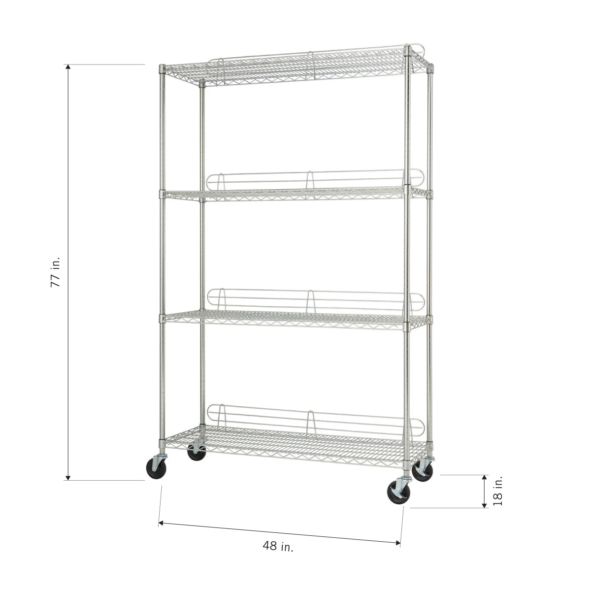 A wire shelving unit on wheels with four shelves. The unit has a total height of 77 inches, a width of 48 inches, and a depth of 18 inches, with all dimensions labeled.