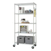A tall, five-tiered chrome wire shelving unit on wheels is shown against a white background. The shelves hold various office and household items, demonstrating its storage capabilities.