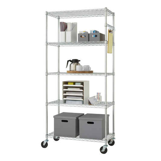 A tall, five-tiered chrome wire shelving unit on wheels is shown against a white background. The shelves hold various office and household items, demonstrating its storage capabilities.