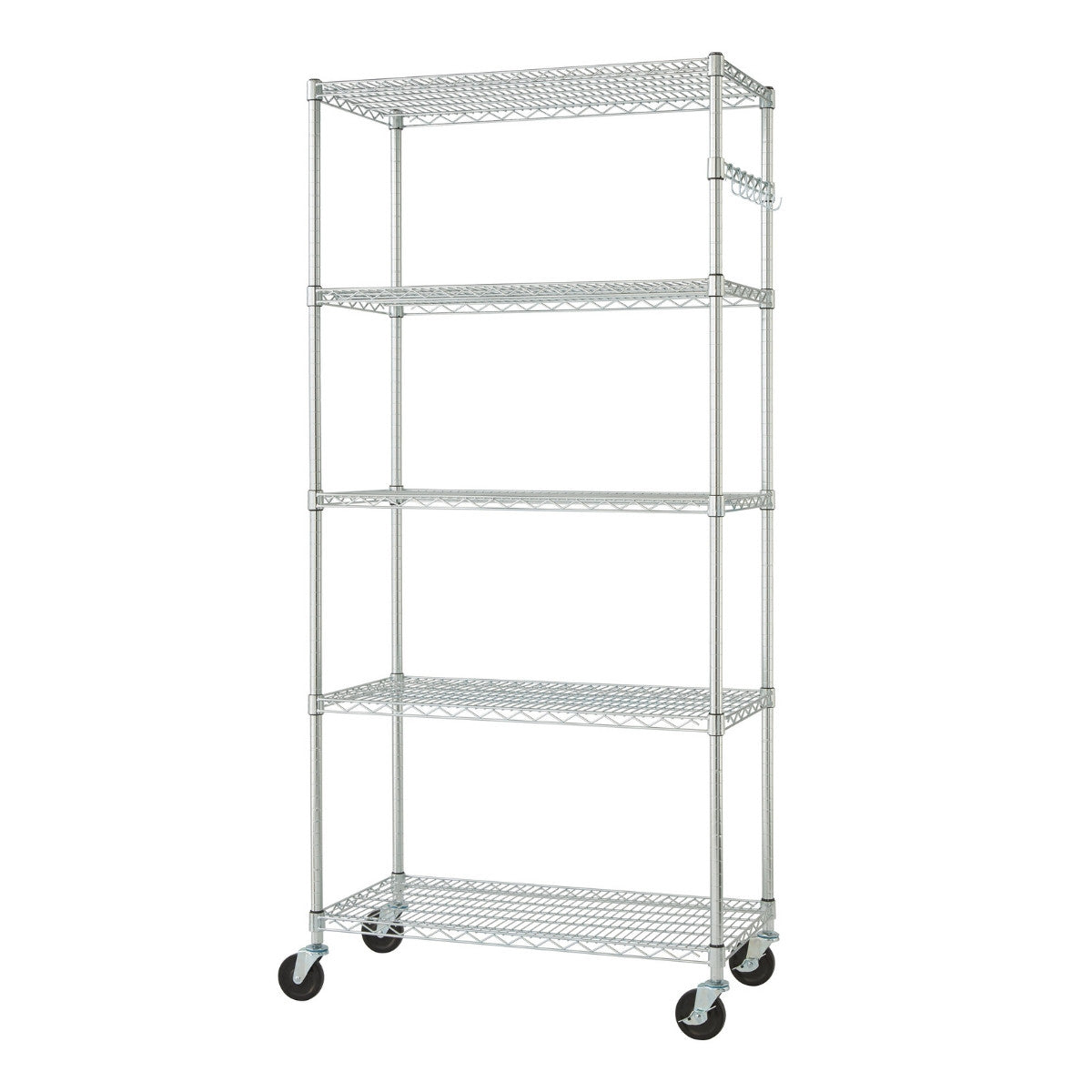 A tall, chrome-colored wire shelving unit with five tiers stands on black wheels. The open wire design allows visibility through the shelves.