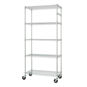 A tall, chrome-colored wire shelving unit with five tiers stands on black wheels. The open wire design allows visibility through the shelves.