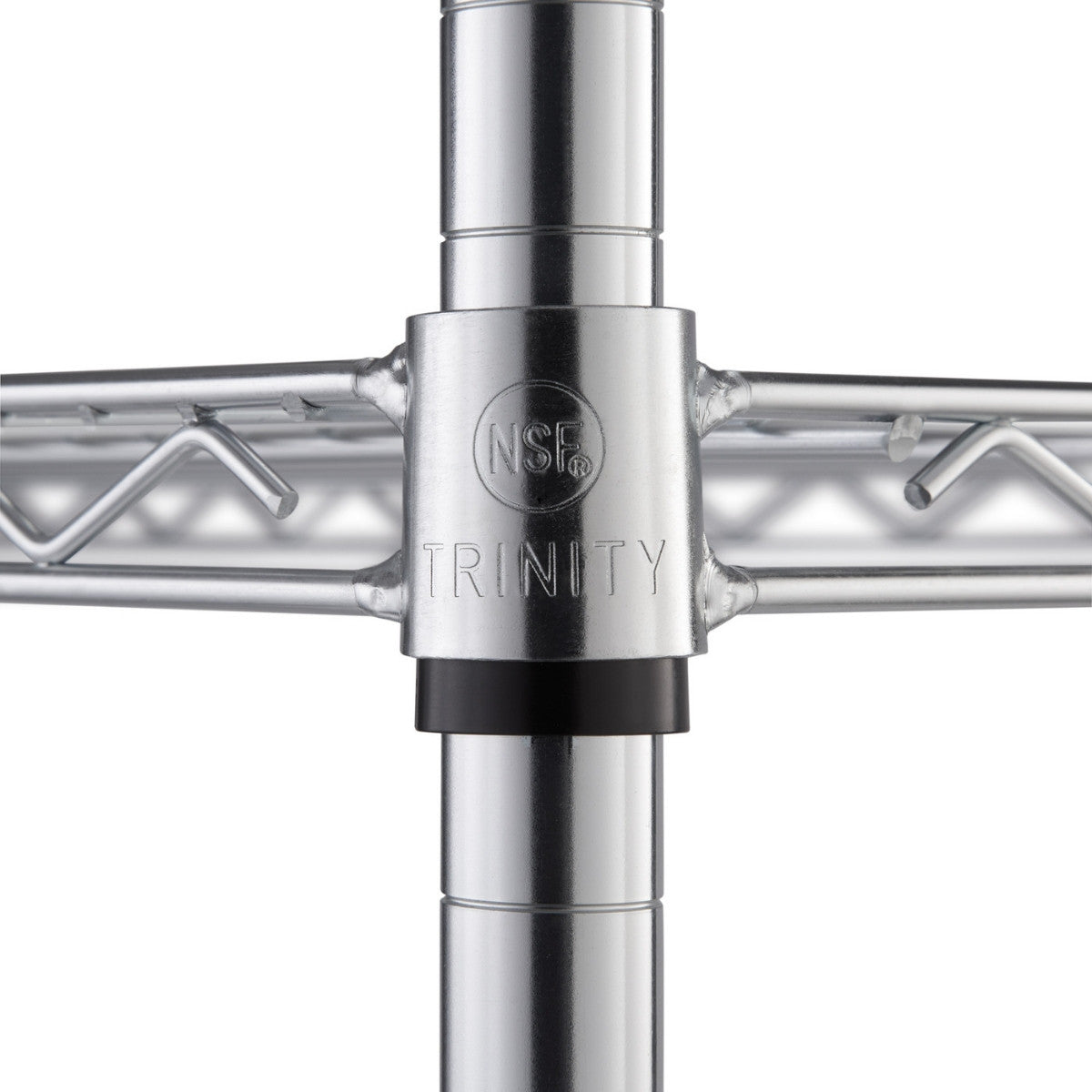 A close-up shows the connection point of a shelf to a vertical pole on a chrome wire shelving unit. The black plastic piece securing the shelf to the pole features the word "TRINITY" and an "NSF" mark.