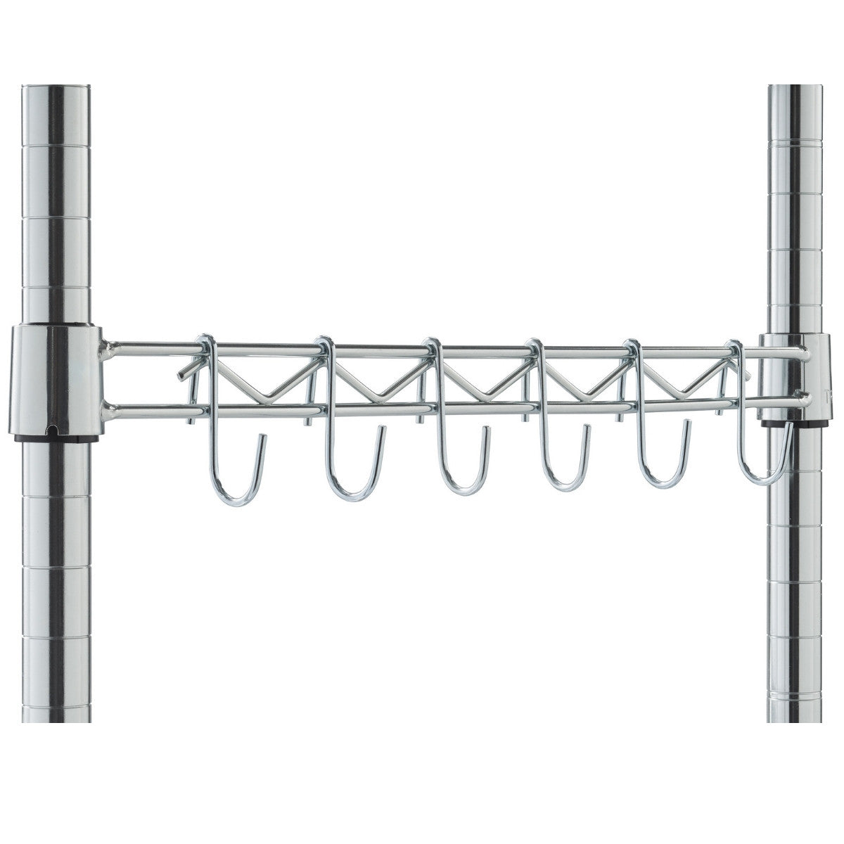 A close-up shows a section of a chrome wire shelving unit. A horizontal bar with six S-shaped hooks hangs between two vertical support poles.