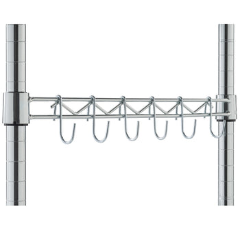 A close-up shows a section of a chrome wire shelving unit. A horizontal bar with six S-shaped hooks hangs between two vertical support poles.