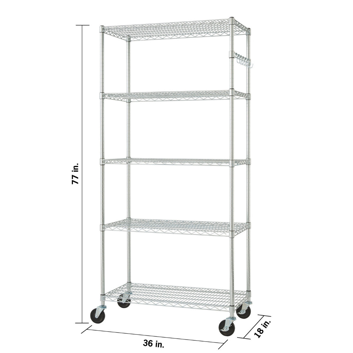 A chrome metal wire shelving unit with five tiers and black wheels is shown against a white background. The dimensions are indicated as 77 inches tall, 36 inches wide, and 18 inches deep.