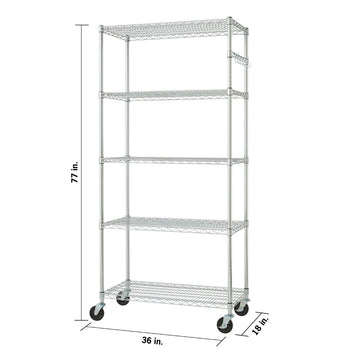 A chrome metal wire shelving unit with five tiers and black wheels is shown against a white background. The dimensions are indicated as 77 inches tall, 36 inches wide, and 18 inches deep.