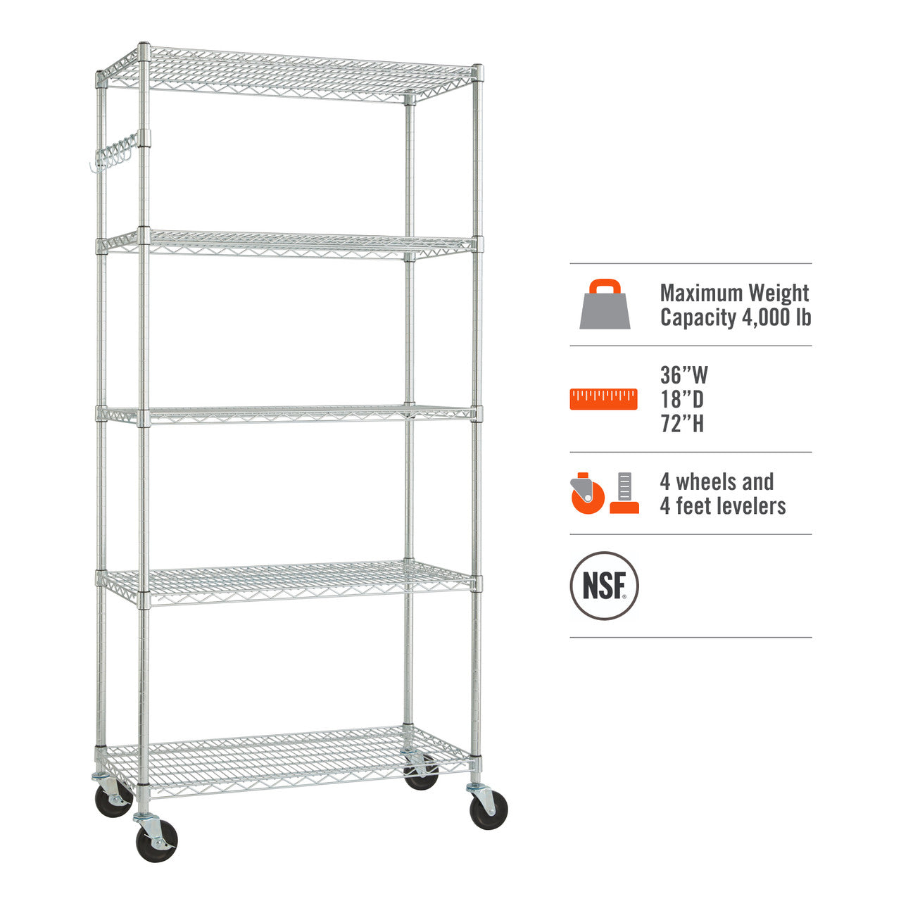 A tall, chrome wire shelving unit with five tiers and wheels is shown against a white background. To the right are icons and text indicating a maximum weight capacity of 4,000 lbs, dimensions of 36"W x 18"D x 72"H, and that it includes 4 wheels and 4 feet levelers, along with an NSF certification mark.