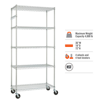 A tall, chrome wire shelving unit with five tiers and wheels is shown against a white background. To the right are icons and text indicating a maximum weight capacity of 4,000 lbs, dimensions of 36
