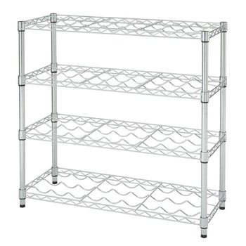 A chrome, four-tier metal wire wine rack is shown from a slightly elevated, front-facing perspective. Each shelf features wavy wire dividers designed to hold wine bottles horizontally.
