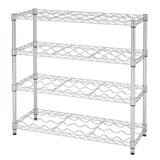 A chrome, four-tier metal wire wine rack is shown from a slightly elevated, front-facing perspective. Each shelf features wavy wire dividers designed to hold wine bottles horizontally.