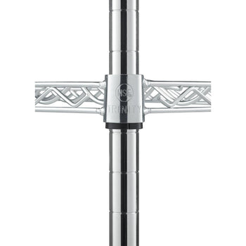 A close-up shot shows the center joint of a chrome wire shelving unit, featuring a circular 