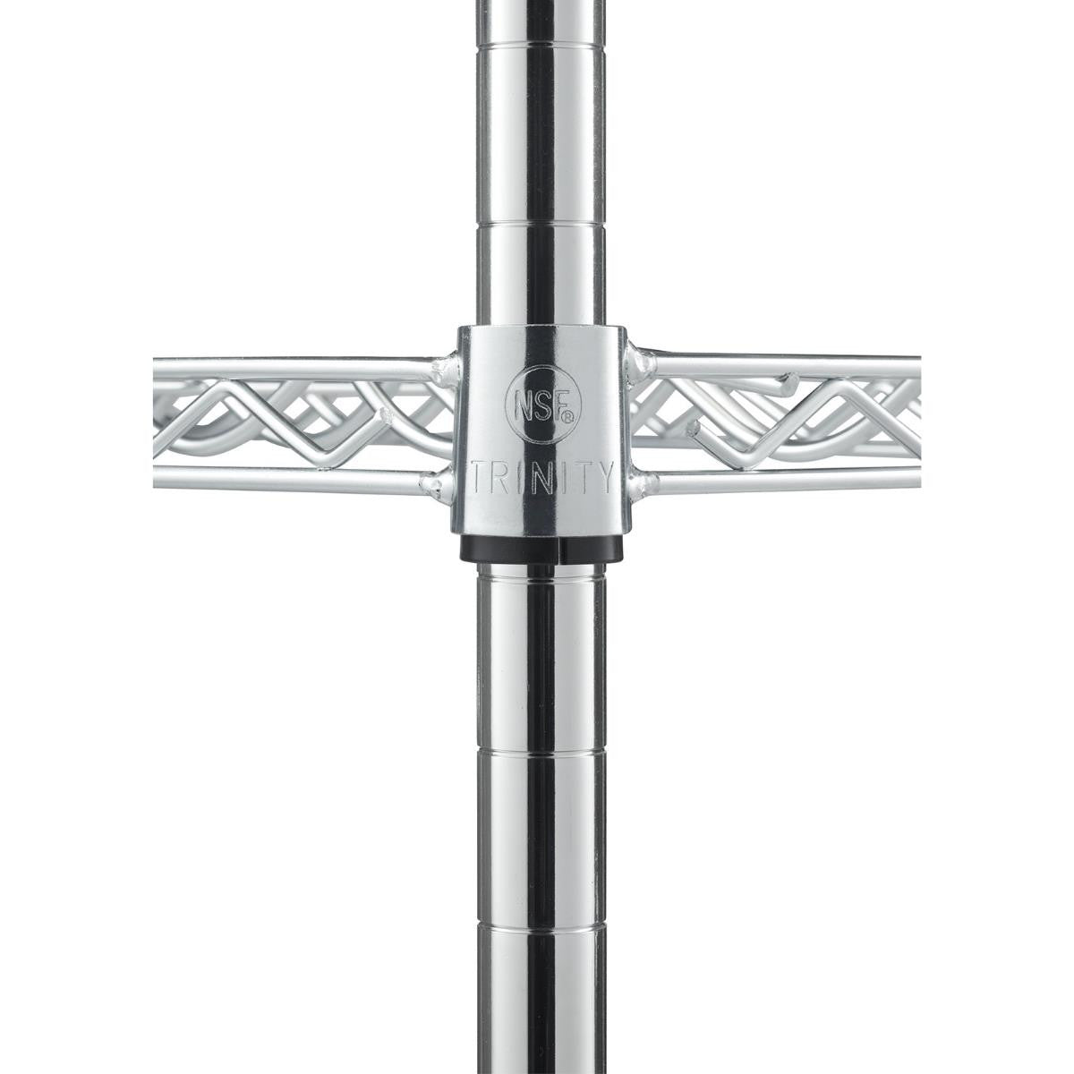 A close-up shot shows the center joint of a chrome wire shelving unit, featuring a circular "NSF" logo above the word "TRINITY" embossed on the connector. The shiny metal pole extends vertically, meeting a horizontal shelf composed of crisscrossing wires.