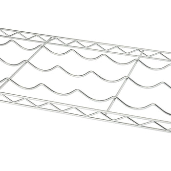 A close-up shot shows a chrome wire wine rack with three horizontal rows of wavy supports designed to hold bottles. The rack features a simple, functional design with a repeating pattern of triangular and wavy lines.