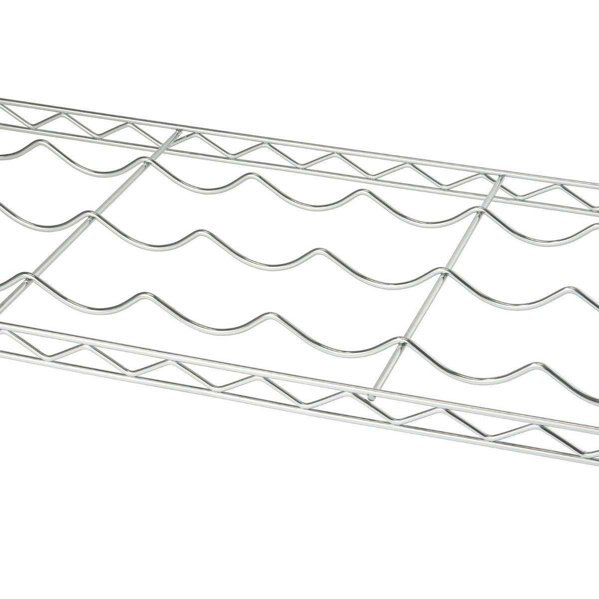 A close-up shot shows a chrome wire wine rack with three horizontal rows of wavy supports designed to hold bottles. The rack features a simple, functional design with a repeating pattern of triangular and wavy lines.