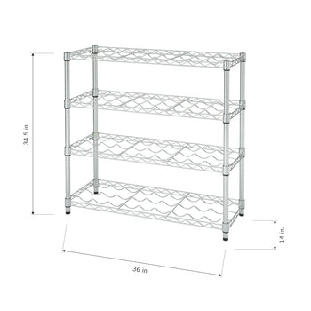 A chrome, four-tier wire shelving unit with three of the tiers designed to hold wine bottles. The dimensions are shown with a height of 34.5 inches, width of 36 inches, and a depth of 14 inches.