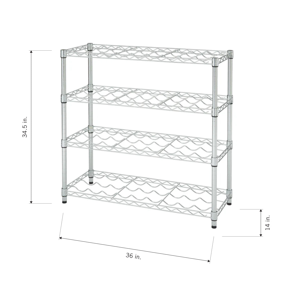 A chrome, four-tier wire shelving unit with three of the tiers designed to hold wine bottles. The dimensions are shown with a height of 34.5 inches, width of 36 inches, and a depth of 14 inches.