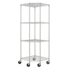 A chrome, four-tiered corner wire shelf unit is shown from a straight-on perspective. The unit has wheels, making it mobile, and its design suggests it's suitable for maximizing storage in a corner space.